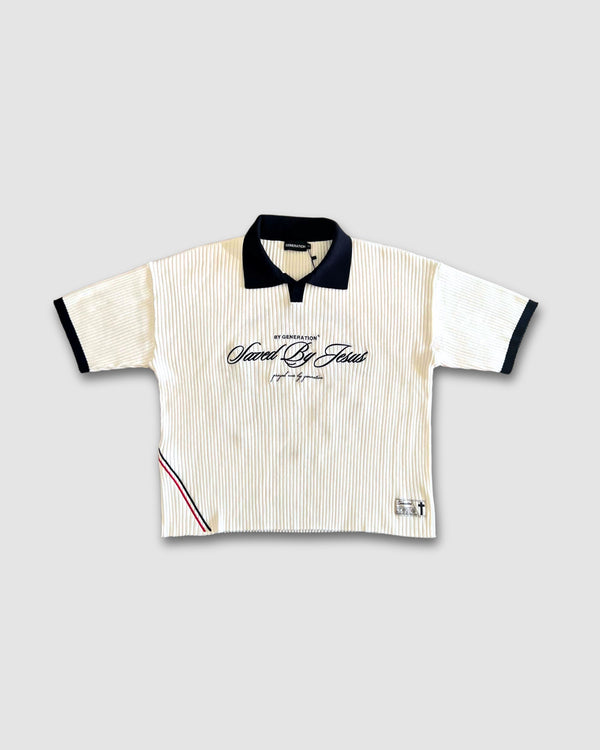 "SAVED BY JESUS" - IVORY KNIT POLO (PRE-ORDER)