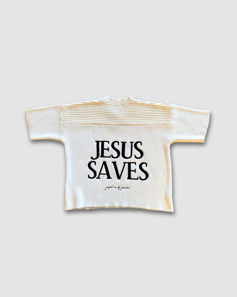 "SAVED BY JESUS" - IVORY KNIT JERSEY (PRE-ORDER)