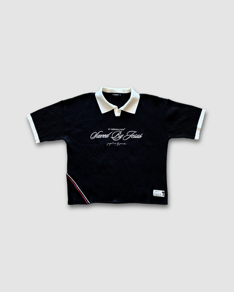 "SAVED BY JESUS" - BLACK KNIT POLO (PRE-ORDER)